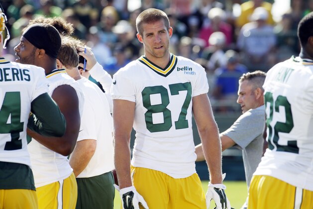 Green Bay Packers’ Jordy Nelson takes a break during NFL football training camp Thursday, July 30, 2015, in Green Bay, Wis. (AP Photo/Morry Gash)