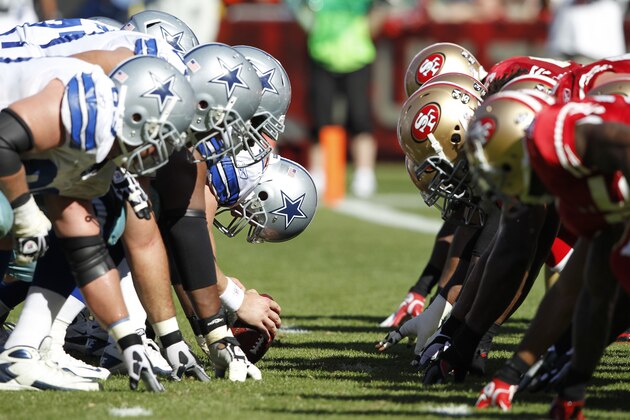 SAN FRANCISCO, CA - SEPTEMBER 18: The Dallas Cowboys face off at the line of scrimmage against the San Francisco 49ers at Candlestick Park on September 18, 2011 in San Francisco, California. Dallas won 27-24 in overtime. (Photo by Joe Robbins/Getty Images)