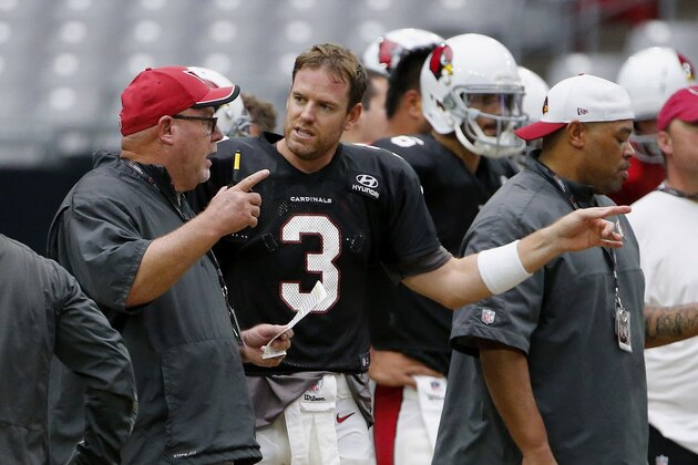 Arizona Cardinals head coach Bruce Arians, left, talks with quarterback Carson Palmer (3) during an NFL football training camp practice Monday, Aug. 17, 2015, in Glendale, Ariz. (AP Photo/Ross D. Franklin)
