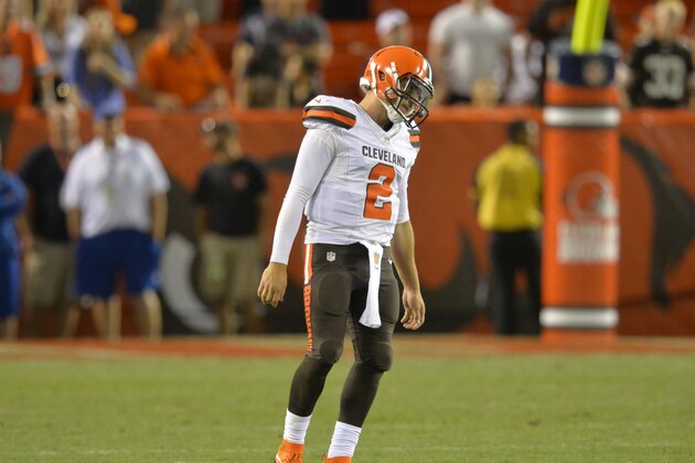 Cleveland Browns quarterback Johnny Manziel (2) reacts after completing a pass that was called back on a penalty in the fourth quarter of an NFL preseason football game against the Buffalo Bills Thursday, Aug. 20, 2015, in Cleveland. Buffalo won 11-10. (AP Photo/David Richard)