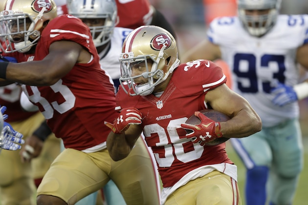 San Francisco 49ers running back Jarryd Hayne (38) against the Dallas Cowboys during the second half of an NFL preseason football game in Santa Clara, Calif., Sunday, Aug. 23, 2015. (AP Photo/Ben Margot)