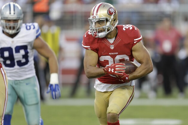 San Francisco 49ers running back Jarryd Hayne (38) against the Dallas Cowboys during the second half of an NFL preseason football game in Santa Clara, Calif., Sunday, Aug. 23, 2015. (AP Photo/Ben Margot)