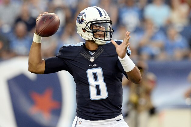 Tennessee Titans quarterback Marcus Mariota (8) passes in the first half of a preseason NFL football game against the St. Louis Rams Sunday, Aug. 23, 2015, in Nashville, Tenn. (AP Photo/Mark Zaleski)