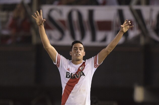 River Plate's defender Ramiro Funes Mori celebrates after scoring against Estudiantes de La Plata during a Sudamericana Cup second leg quarter-final football match at the Monumental stadium in Buenos Aires, Argentina, on November 6, 2014. AFP PHOTO / Juan Mabromata        (Photo credit should read JUAN MABROMATA/AFP/Getty Images)