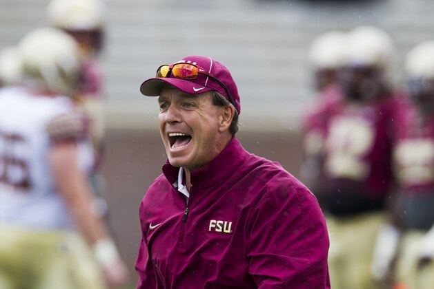 Florida State head coach Jimbo Fisher shows his displeasure with his coaches in the first half of Florida State Garnet & Gold spring college football game in Tallahassee, Fla., Saturday, April 11,  2015.   (AP Photo/Mark Wallheiser)