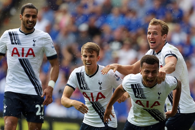 Tottenham Hotspur's midfielder Dele Alli (2R) celebrates scoring a goal with team mate Engish striker Harry Kane (R) during the English Premier League football match between Leicester City and Tottenham Hotspur at King Power Stadium in Leicester, central England on August 22, 2015. AFP PHOTO / GEOFF CADDICK

RESTRICTED TO EDITORIAL USE. No use with unauthorized audio, video, data, fixture lists, club/league logos or 'live' services. Online in-match use limited to 75 images, no video emulation. No use in betting, games or single club/league/player publications.        (Photo credit should read GEOFF CADDICK/AFP/Getty Images)