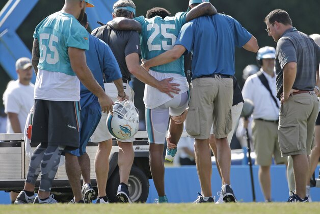 Miami Dolphins' Louis Delmas (25) is helped off the field after being injured during a joint practice between the Carolina Panthers and the Miami Dolphins at the Panthers' training camp in Spartanburg, S.C., Wednesday, Aug. 19, 2015. (AP Photo/Chuck Burton)