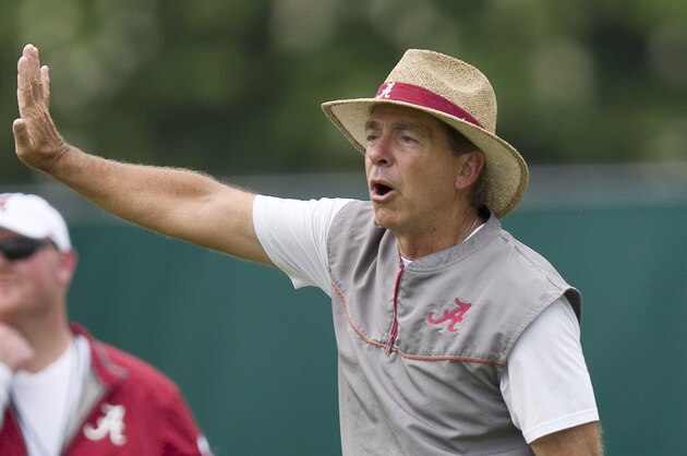 Alabama coach Nick Saban looks on during an NCAA college football practice, Thursday, Aug. 6, 2015, in Tuscaloosa, Ala. (AP Photo/Brynn Anderson)