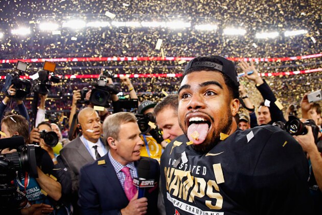 ARLINGTON, TX - JANUARY 12:  Running back Ezekiel Elliott #15 of the Ohio State Buckeyes celebrates after defeating the Oregon Ducks 42 to 20 in the College Football Playoff National Championship Game at AT&T Stadium on January 12, 2015 in Arlington, Texas.  (Photo by Tom Pennington/Getty Images)