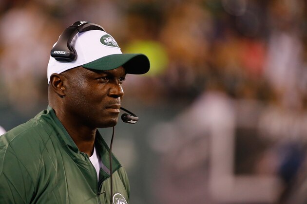 EAST RUTHERFORD, NJ - AUGUST 21:  Head coach Todd Bowles of the New York Jets looks on against the Atlanta Falcons during their pre season game at MetLife Stadium on August 21, 2015 in East Rutherford, New Jersey.  (Photo by Al Bello/Getty Images)