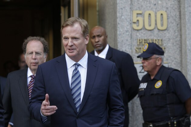 NFL Commissioner Roger Goodell leaves federal court Wednesday, Aug. 12, 2015, in New York. Goodell left the courthouse after a full day of talks with a federal judge in the dispute over a four-game suspension with New England Patriots quarterback Tom Brady. (AP Photo/Mary Altaffer)