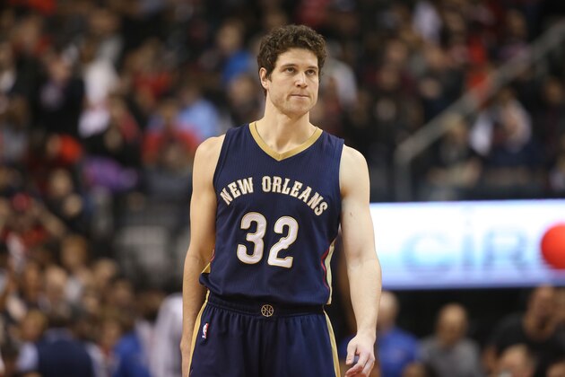 Jan 18, 2015; Toronto, Ontario, CAN; New Orleans Pelicans guard Jimmer Fredette (32) looks on during their game against the Toronto Raptors at Air Canada Centre. The Pelicans beat the Raptors 95-93. Mandatory Credit: Tom Szczerbowski-USA TODAY Sports