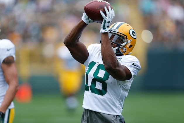 Green Bay Packers’ Randall Cobb during Green Bay Packers Family Fun Night NFL football training camp practice Saturday, Aug. 8 , 2015, in Green Bay, Wis. (AP Photo/Mike Roemer)