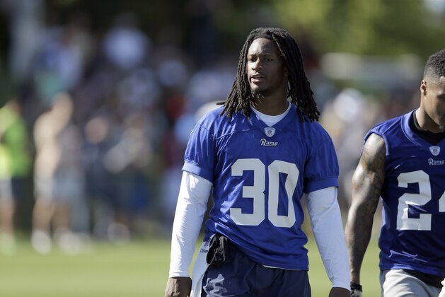 St Louis Rams running back Todd Gurley during training camp at the NFL football team's practice facility Friday, July 31, 2015, in St. Louis. (AP Photo/Jeff Roberson)