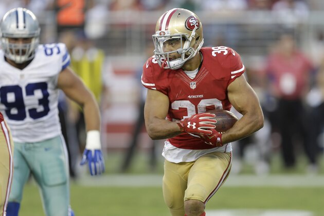 San Francisco 49ers running back Jarryd Hayne (38) against the Dallas Cowboys during the second half of an NFL preseason football game in Santa Clara, Calif., Sunday, Aug. 23, 2015. (AP Photo/Ben Margot)