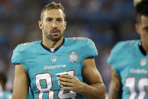 Miami Dolphins' Jordan Cameron (84) on the sidelines against the Carolina Panthers during the second half of an NFL preseason football game Saturday, Aug. 22, 2015, in Charlotte, N.C. The Panthers won 31-30. (AP Photo/Bob Leverone) Miami Dolphins' Jordan Cameron (84) on the sidelines against the Carolina Panthers during the second half of an NFL preseason football game Saturday, Aug. 22, 2015, in Charlotte, N.C. The Panthers won 31-30. (AP Photo/Bob Leverone)
