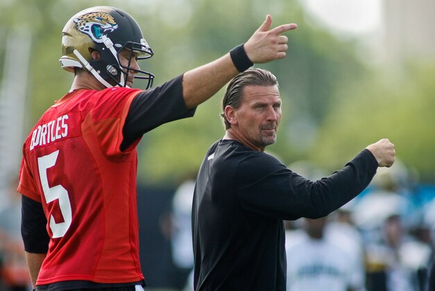 May 28, 2015; Jacksonville, FL, USA; Jacksonville Jaguars quarterback Blake Bortles (5) and offensive coordinator Greg Olson gesture during OTAs at the Florida Blue Health and Wellness Practice Fields. Mandatory Credit: Phil Sears-USA TODAY Sports