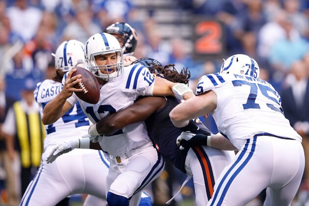 INDIANAPOLIS, IN - AUGUST 22: Andrew Luck #12 of the Indianapolis Colts gets sacked by Pernell McPhee #92 of the Chicago Bears in the first half of a preseason game at Lucas Oil Stadium on August 22, 2015 in Indianapolis, Indiana. (Photo by Joe Robbins/Getty Images)
