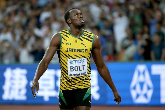 BEIJING, CHINA - AUGUST 23:  Usain Bolt of Jamaica celebrates after winning gold in the Men's 100 metres final during day two of the 15th IAAF World Athletics Championships Beijing 2015 at Beijing National Stadium on August 23, 2015 in Beijing, China.  (Photo by Patrick Smith/Getty Images)