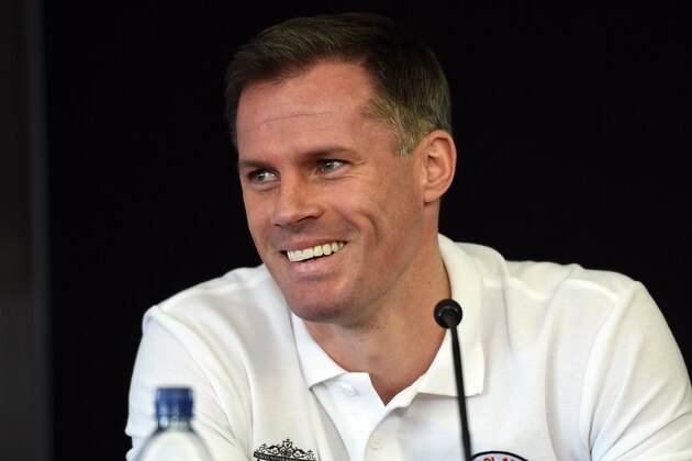 Former Liverpool player Jamie Carragher attends a press conference with Liverpool's English captain and midfielder Steven Gerrard (not pictured) at Anfield in Liverpool, north west England on March 12, 2015 ahead of an All-Star charity match at the stadium on March 29. The match, which will feature teams made up of current and former Liverpool players as well as specially invited guests, will be played towards the end of what will be Gerrard's final season at the club before he moves to play for LA Galaxy in July.  AFP PHOTO / PAUL ELLIS        (Photo credit should read PAUL ELLIS/AFP/Getty Images)
