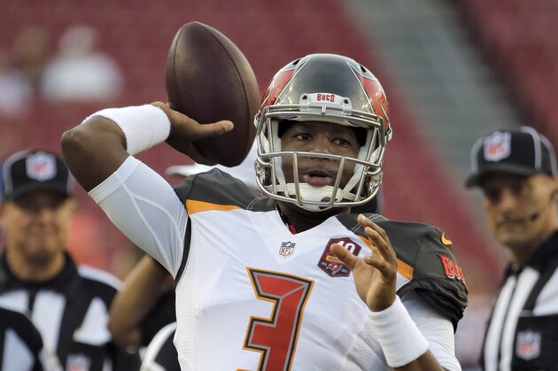 Tampa Bay Buccaneers quarterback Jameis Winston (3) throws a pass before an NFL preseason football game against the Cincinnati Bengals Monday, Aug. 24, 2015, in Tampa, Fla. (AP Photo/Chris O'Meara)