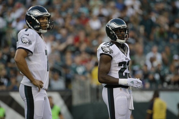 Philadelphia Eagles' DeMarco Murray and Sam Bradford look on during the first half of a preseason NFL football game against the Baltimore Ravens, Saturday, Aug. 22, 2015, in Philadelphia. (AP Photo/Michael Perez)