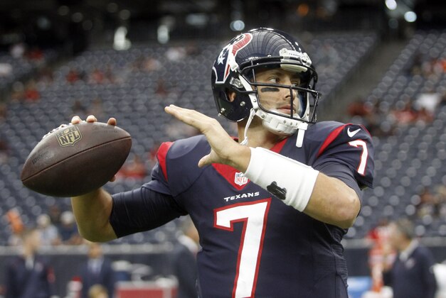Houston Texans' Brian Hoyer (7) throw prior to an NFL preseason football game between the Denver Broncos and Houston Texans, Saturday, Aug. 22, 2015, in Houston. (AP Photo/Patric Schneider)