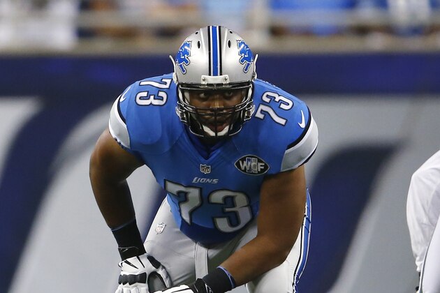 Detroit Lions tackle Michael Williams (73) lines up on the line of scrimmage against the New York Jets during the first half of an NFL preseason football game, Thursday, Aug. 13, 2015, in Detroit. (AP Photo/Paul Sancya)