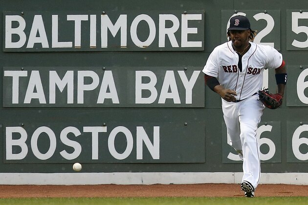 Boston Red Sox's Hanley Ramirez chases the two-run double by Kansas City Royals' Kendrys Morales that bounced off the left field wall during the first inning of a baseball game in Boston, Saturday, Aug. 22, 2015. (AP Photo/Michael Dwyer)