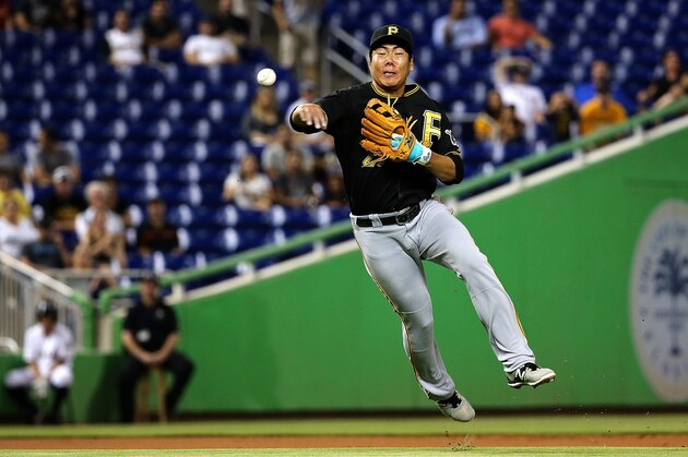 MIAMI, FL - AUGUST 24:  Jung Ho Kang #27 of the Pittsburgh Pirates makes a throw to first during a game against the Miami Marlins at Marlins Park on August 24, 2015 in Miami, Florida.  (Photo by Mike Ehrmann/Getty Images)