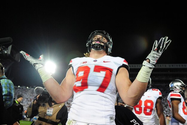 Oct 25, 2014; University Park, PA, USA; Ohio State Buckeyes defensive lineman Joey Bosa (97) reacts after beating the Penn State Nittany Lions 31-24 at Beaver Stadium. Mandatory Credit: Evan Habeeb-USA TODAY Sports