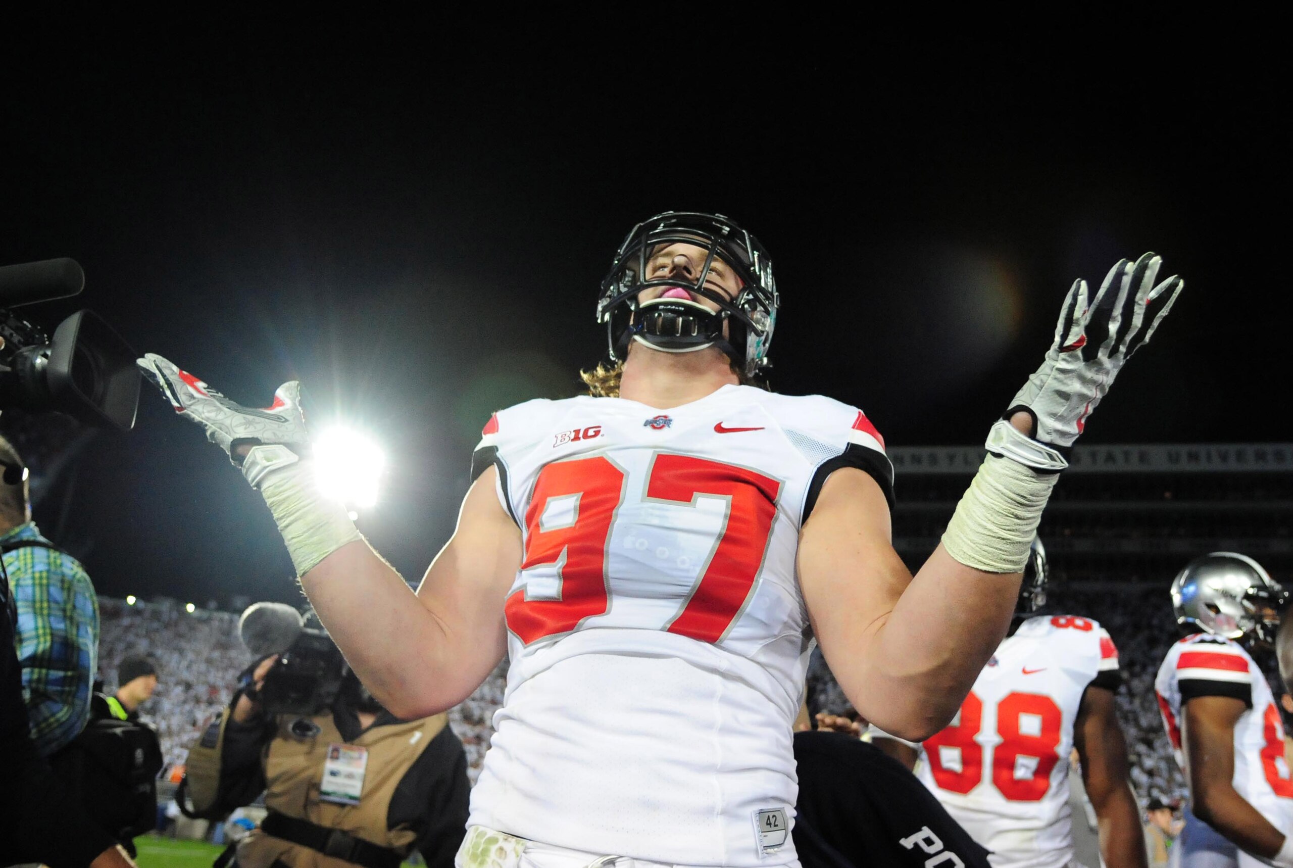 Oct 25, 2014; University Park, PA, USA; Ohio State Buckeyes defensive lineman Joey Bosa (97) reacts after beating the Penn State Nittany Lions 31-24 at Beaver Stadium. Mandatory Credit: Evan Habeeb-USA TODAY Sports