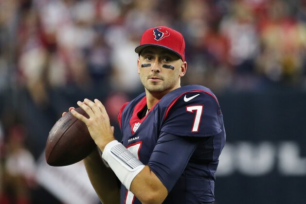 HOUSTON, TX - AUGUST 22:   Brian Hoyer #7 of the Houston Texans works on the field before the start of their game against the Denver Broncos at  NRG Stadium on August 22, 2015 in Houston, Texas.  (Photo by Scott Halleran/Getty Images)