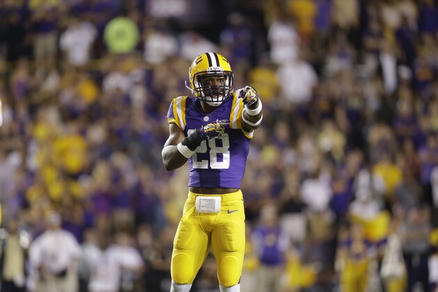 LSU safety Jalen Mills (28) lines up for a play in the second half of an NCAA college football game against Louisiana Monroe in Baton Rouge, La., Saturday, Sept. 13, 2014. LSU won 31-0. (AP Photo/Gerald Herbert)