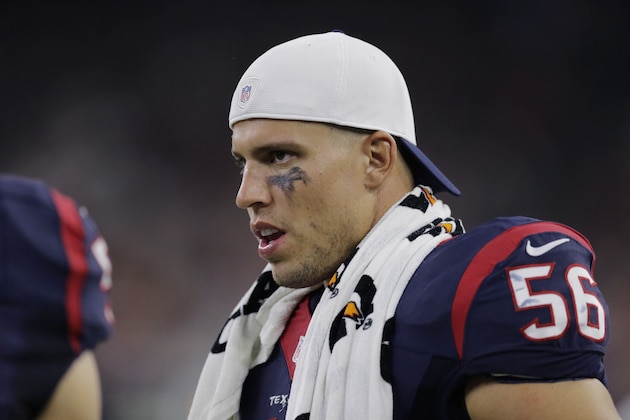 Houston Texans' Brian Cushing (56) on the sideline during the first half of an NFL preseason football game against the Denver Broncos, Saturday, Aug. 22, 2015, in Houston. (AP Photo/Patric Schneider)