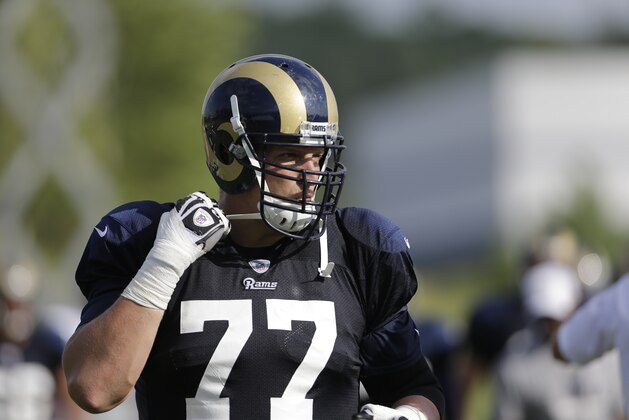 St. Louis Rams tackle Jake Long during training camp at the NFL football team's practice facility Wednesday, July 31, 2013, in St. Louis. (AP Photo/Jeff Roberson)