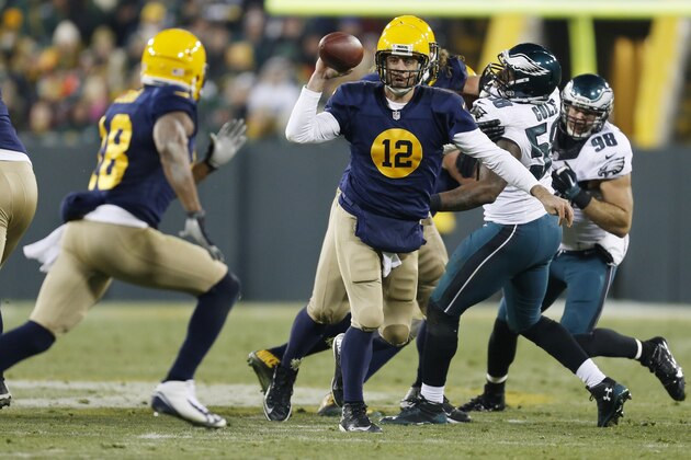 Green Bay Packers' Aaron Rodgers during the second half of an NFL football game against the Philadelphia Eagles Sunday, Nov. 16, 2014, in Green Bay, Wis. (AP Photo/Mike Roemer)