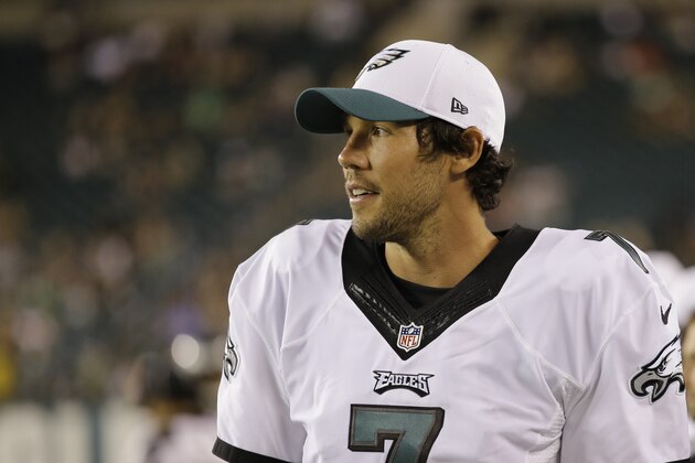 Philadelphia Eagles' Sam Bradford watches from the bench during the second half of a preseason NFL football game against the Baltimore Ravens, Saturday, Aug. 22, 2015, in Philadelphia. (AP Photo/Michael Perez)