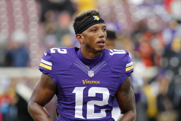Minnesota Vikings wide receiver Charles Johnson walks on the field before an NFL football game against the Chicago Bears, Sunday, Dec. 28, 2014, in Minneapolis. (AP Photo/Ann Heisenfelt)