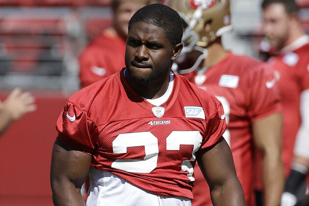San Francisco 49ers running back Reggie Bush during the team's NFL football training camp in Santa Clara, Calif., Sunday, Aug. 2, 2015. (AP Photo/Jeff Chiu)