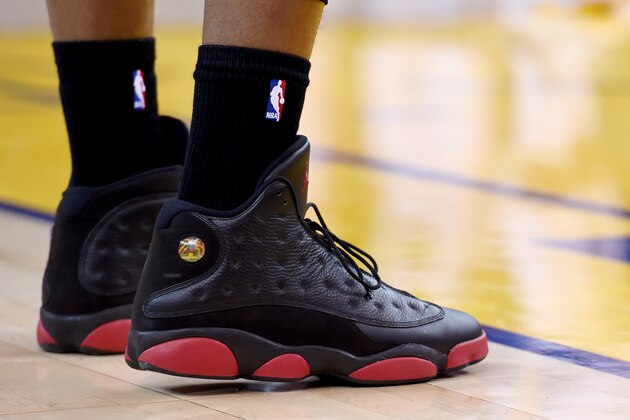OAKLAND, CA - JANUARY 14:  A detailed view of the Air Jordan's XIII worn by Shawne Williams #43 of the Miami Heat against the Golden State Warriors at ORACLE Arena on January 14, 2015 in Oakland, California.  (Photo by Thearon W. Henderson/Getty Images)