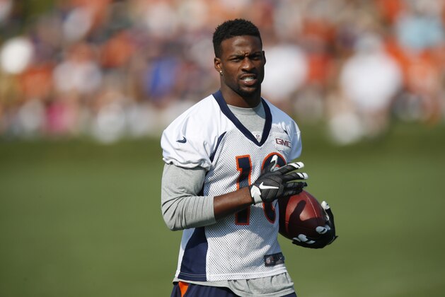 Denver Broncos wide receiver Emmanuel Sanders (10) during the team's NFL football training camp session early Thursday, Aug. 20, 2015, in Englewood, Colo. (AP Photo/David Zalubowski)