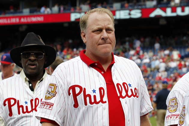 PHILADELPHIA - AUGUST 3: Former Philadelphia Phillie Curt Schilling participates in Alumni Weekend ceremonies before a game against the Atlanta Braves at Citizens Bank Park on August 3, 2013 in Philadelphia, Pennsylvania. (Photo by Hunter Martin/Getty Images)