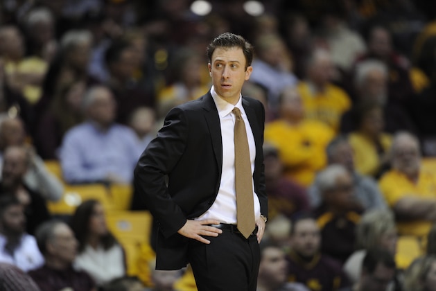 FILE - In this Sunday, March 8, 2015, file photo, Minnesota head coach Richard Pitino watches his team play against Penn State during the first half of an NCAA college basketball game in Minneapolis. On Tuesday, Aug. 25, 2015, Minnesota finalized a two-year contract extension for Pitino through the 2020-21 season, including a $400,000 raise. (AP Photo/Hannah Foslien, File)