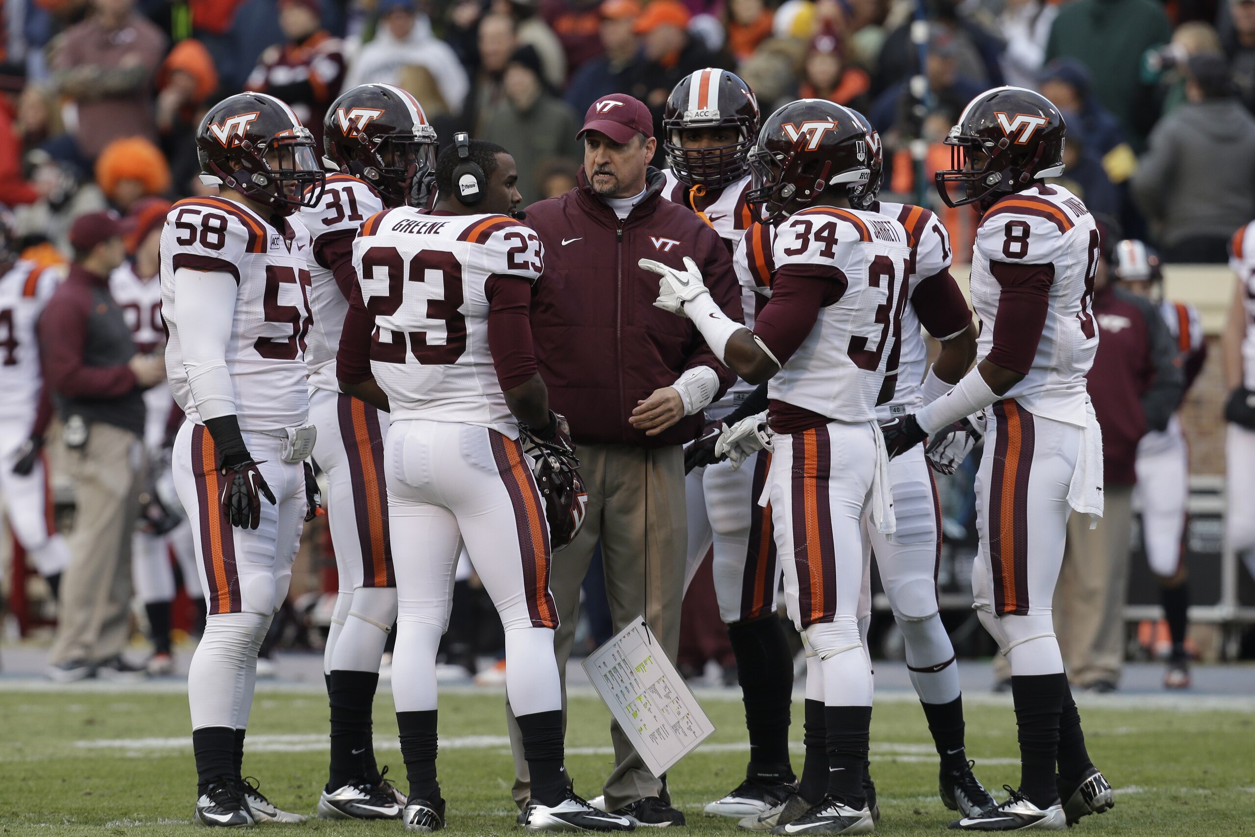 Virginia Tech defensive coordinator, Bud Foster, directs his team during the first half of an NCAA college football game in Charlottesville, Va., Saturday, Nov. 30, 2013.  (AP Photo/Steve Helber)