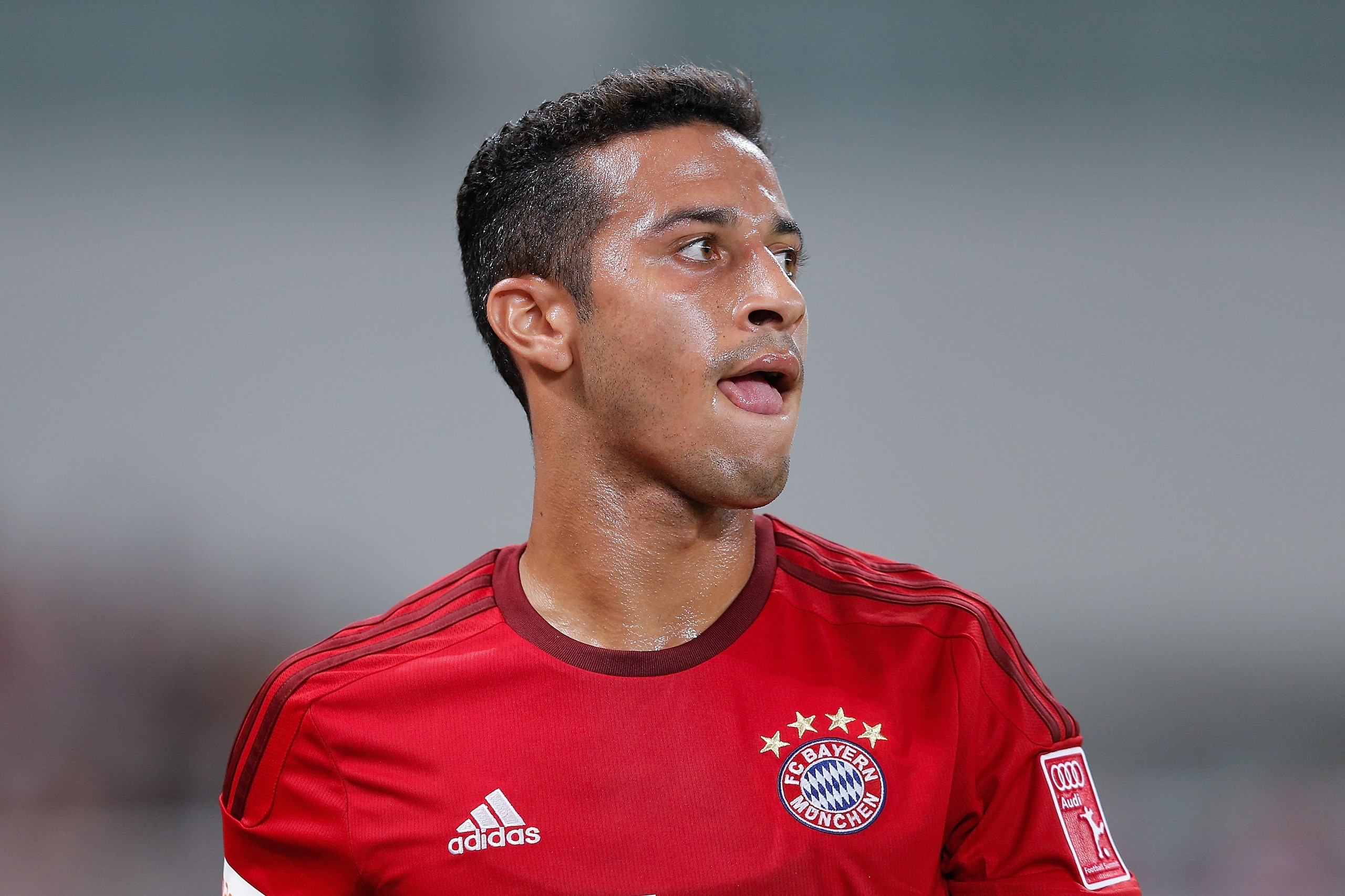 SHANGHAI, CHINA - JULY 21:  Thiago of FC Bayern Muenchen looks on during the international friendly match between FC Bayern Muenchen and Inter Milan of the Audi Football Summit 2015 at Shanghai Stadium on July 21, 2015 in Shanghai, China.  (Photo by Lintao Zhang/Getty Images)