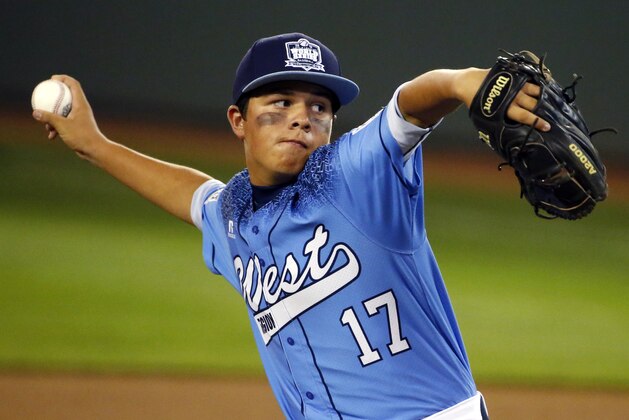 Bonita, California's Levi Mendez (17) delivers during the first inning of an United States elimination baseball game against Cranston, Rhode Island at the Little League World Series tournament in South Williamsport, Pa., Monday, Aug. 24, 2015. (AP Photo/Gene J. Puskar)