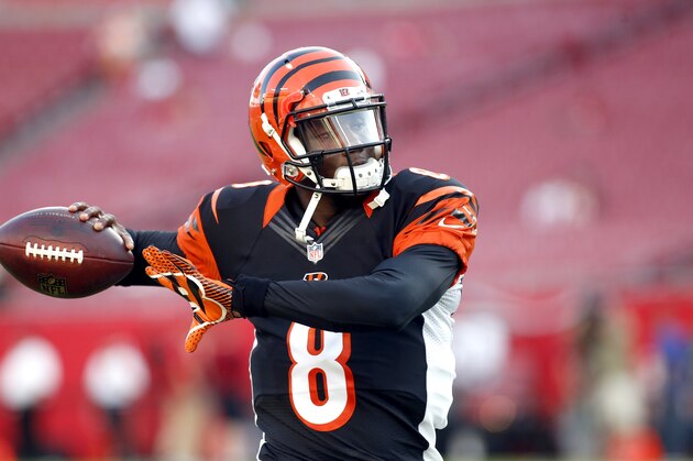 Cincinnati Bengals quarterback Josh Johnson (8) warms up before the start of an NFL preseason football game against the Tampa Bay Buccaneers Monday, Aug. 24, 2015, in Tampa, Fla. (AP Photo/Brian Blanco)
