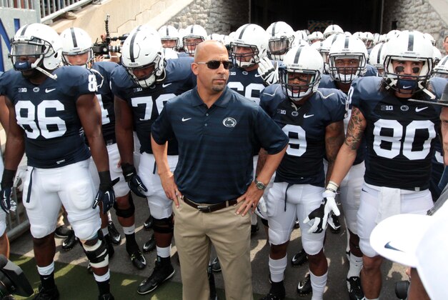 Sep 6, 2014; University Park, PA, USA; Penn State Nittany Lions head coach James Franklin stands at the gate prior to the game against the Akron Zips at Beaver Stadium. Mandatory Credit: Matthew O'Haren-USA TODAY Sports