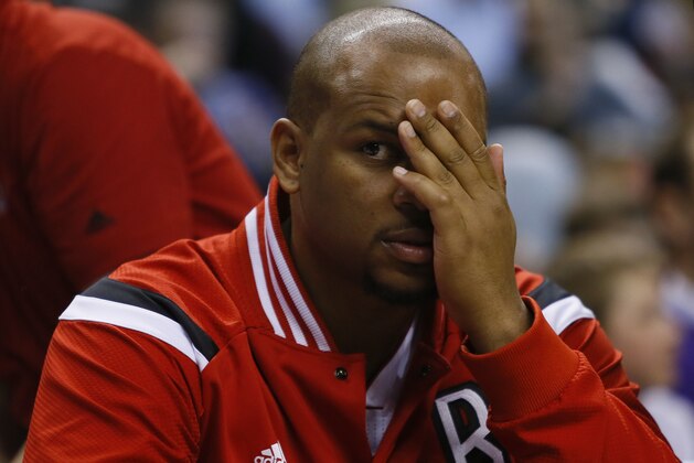 Mar 25, 2015; Toronto, Ontario, CAN; Toronto Raptors center Chuck Hayes (44) on the bench against the Chicago Bulls at the Air Canada Centre. Chicago defeated Toronto 116-103. Mandatory Credit: John E. Sokolowski-USA TODAY Sports